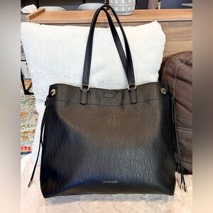 Calvin Klein Genuine Leather Black Tote Bag Large Work Shoulder Bag